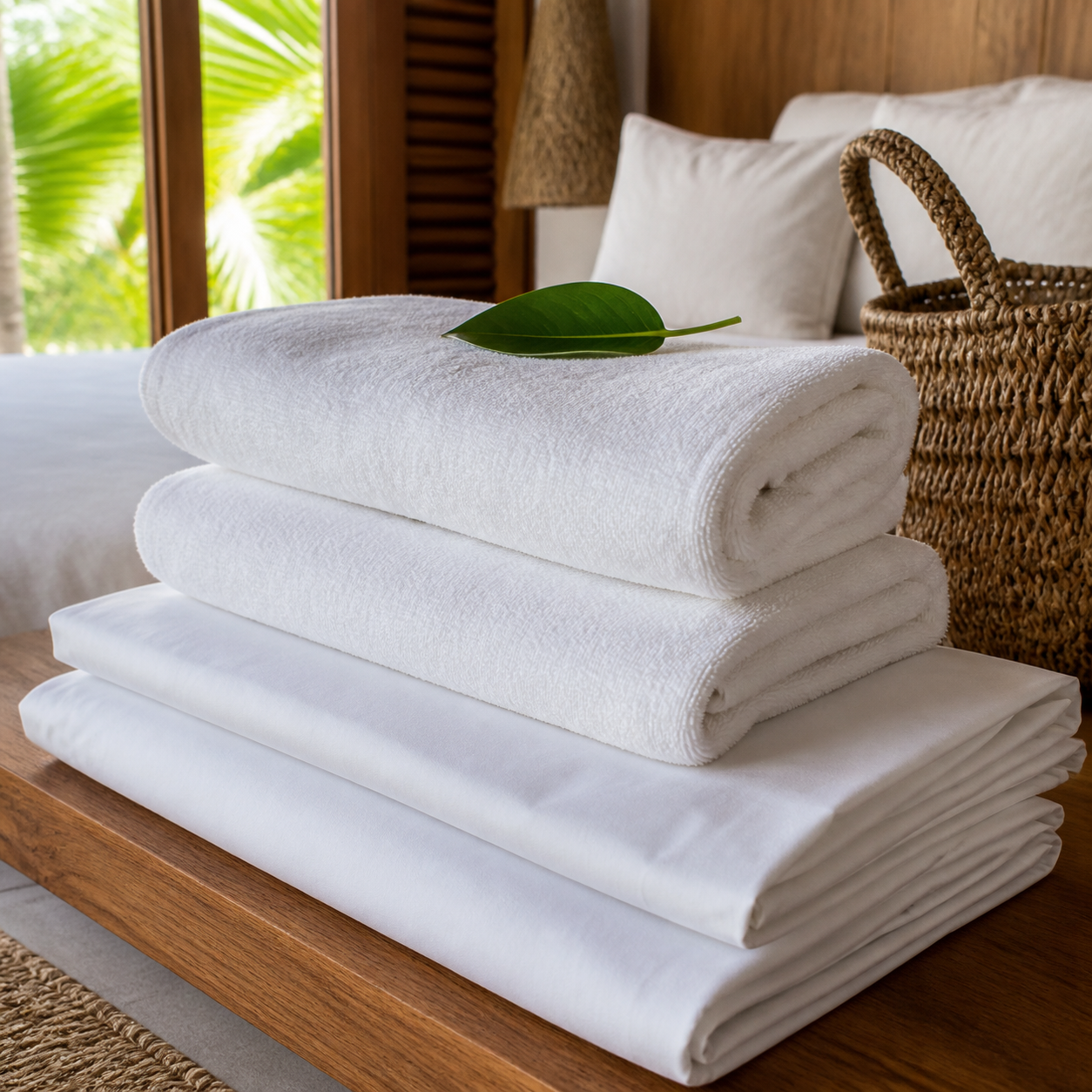 Fresh white bed linens and towels ready for a Driftwood guest stay