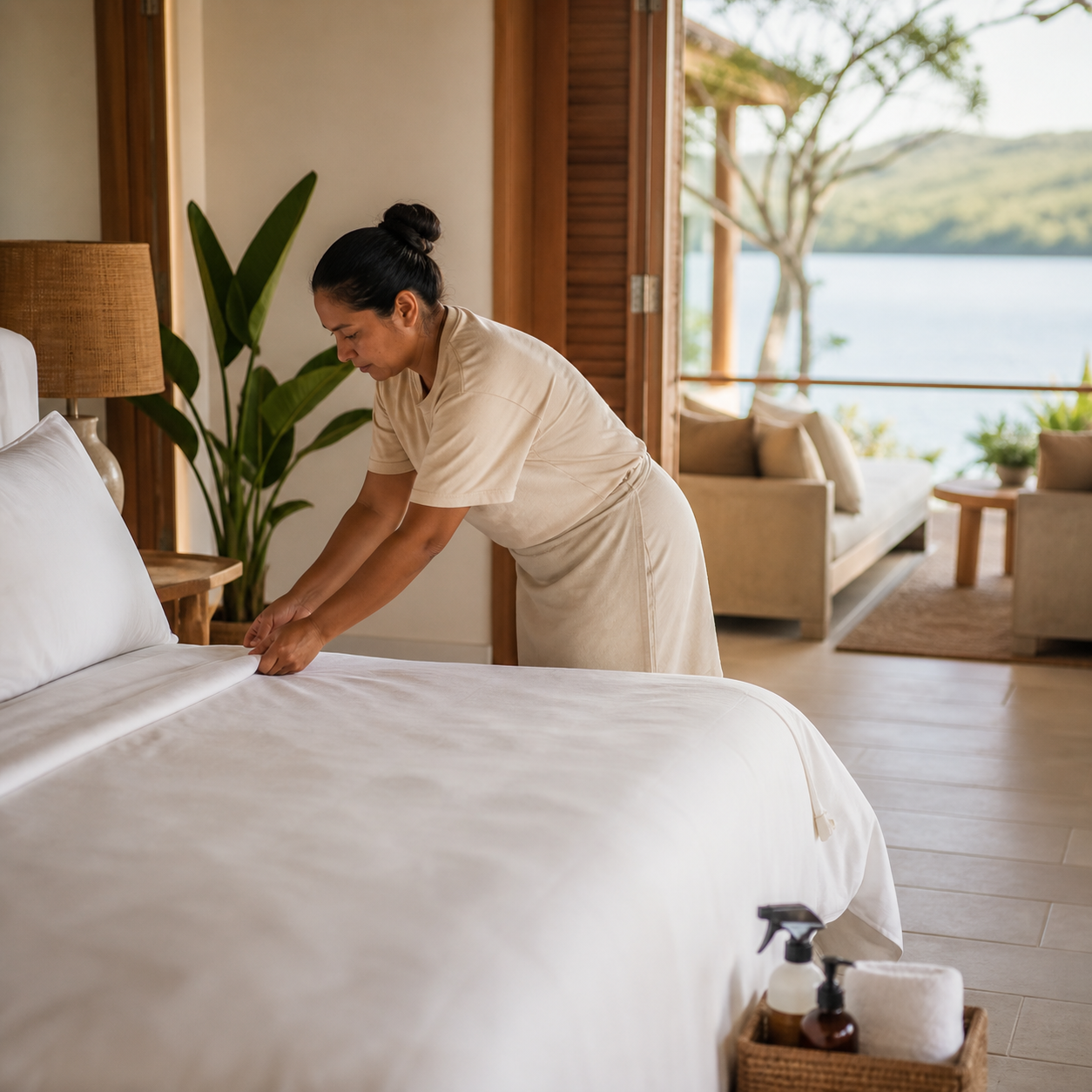Driftwood team preparing a tropical vacation home during a mid-stay housekeeping visit