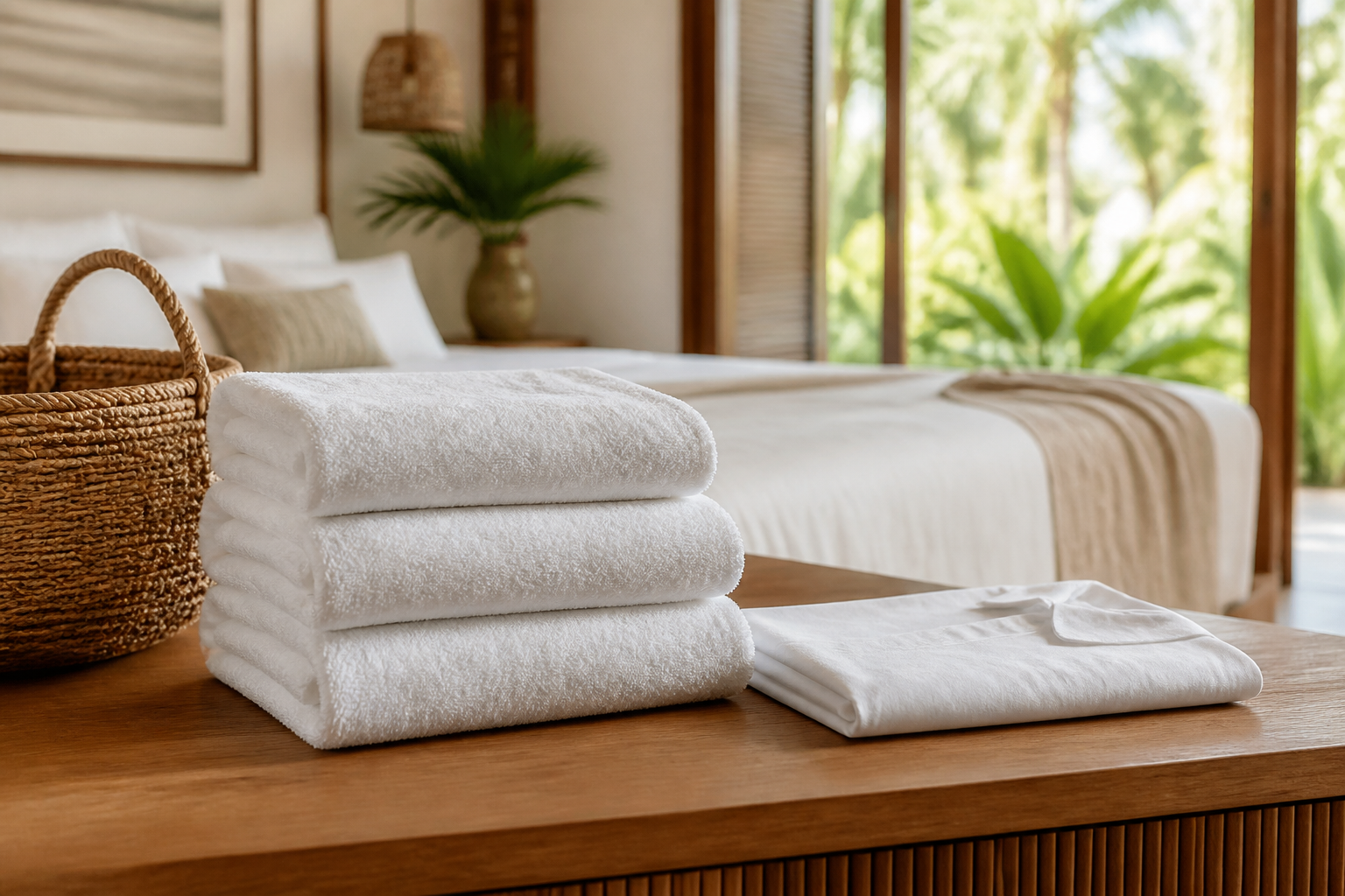 Fresh folded linens and towels for a Driftwood guest stay
